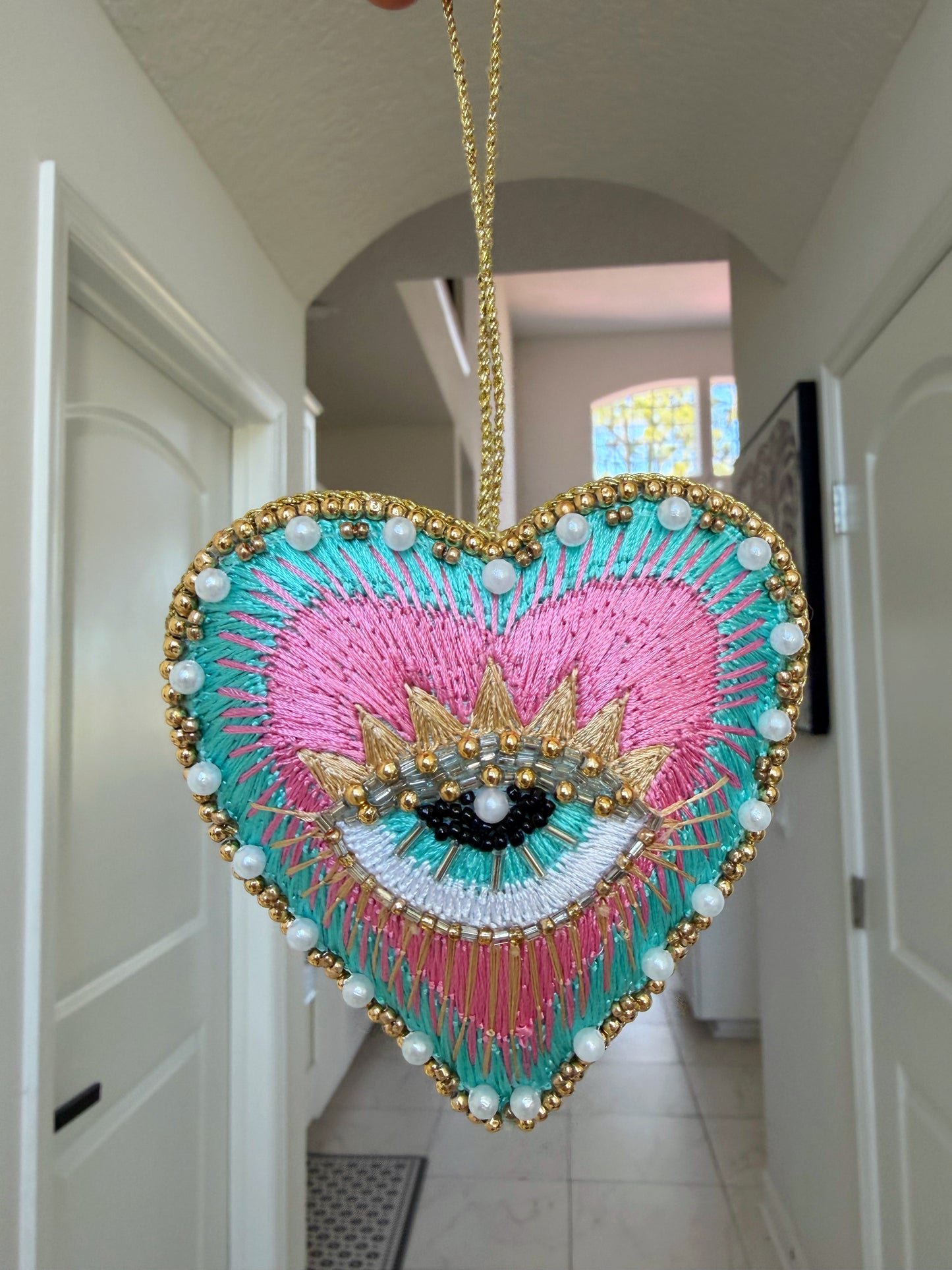 Hand Embroidered Evil Eye Heart Plush Decor includes GIFTBAG