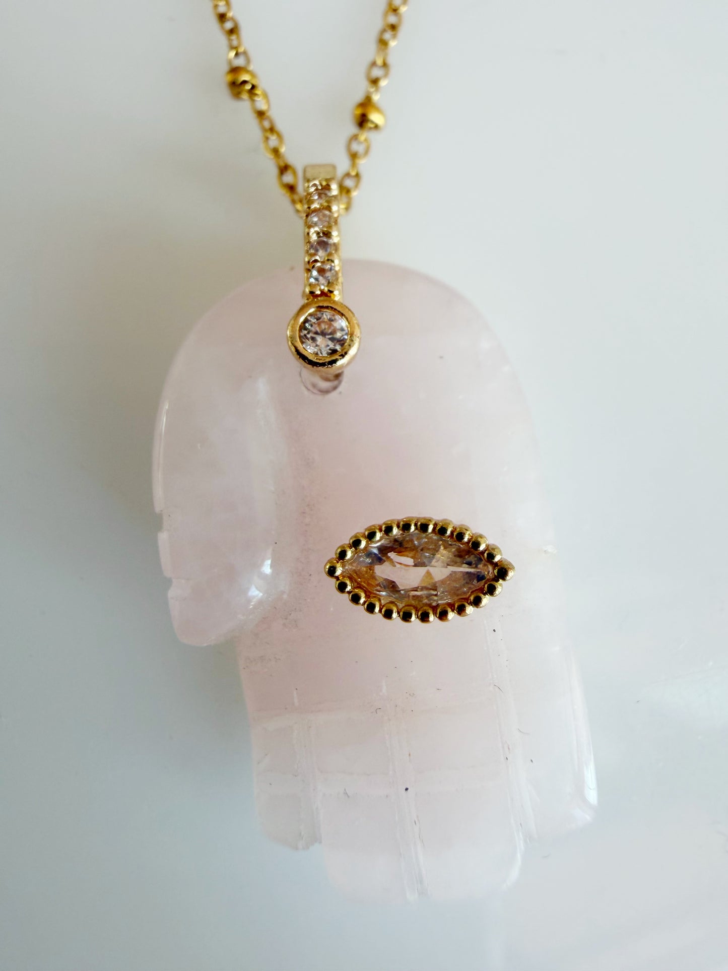 🩷 Rose Quartz Hamsa Necklace – Self Love & Protection