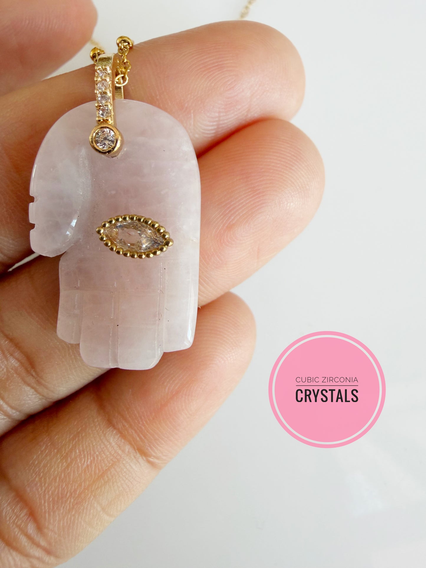 🩷 Rose Quartz Hamsa Necklace – Self Love & Protection