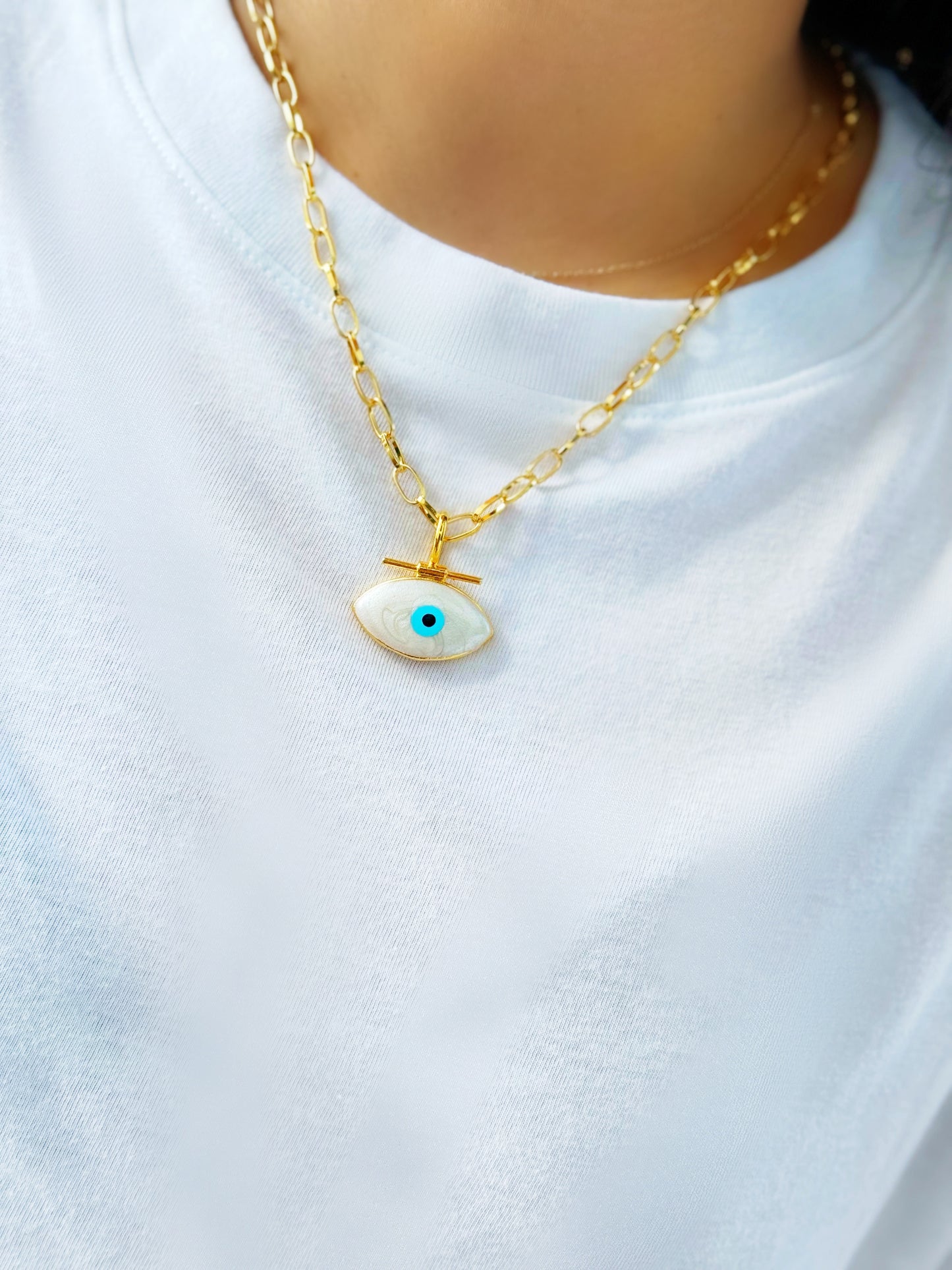 Evil Eye Oversized Amulet Charm and Chain Necklace 24kt plated