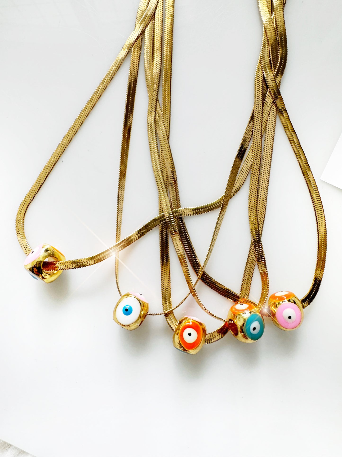 Evil Eye Large Hand painted Golden Cube Charm Necklace Herringbone Chain