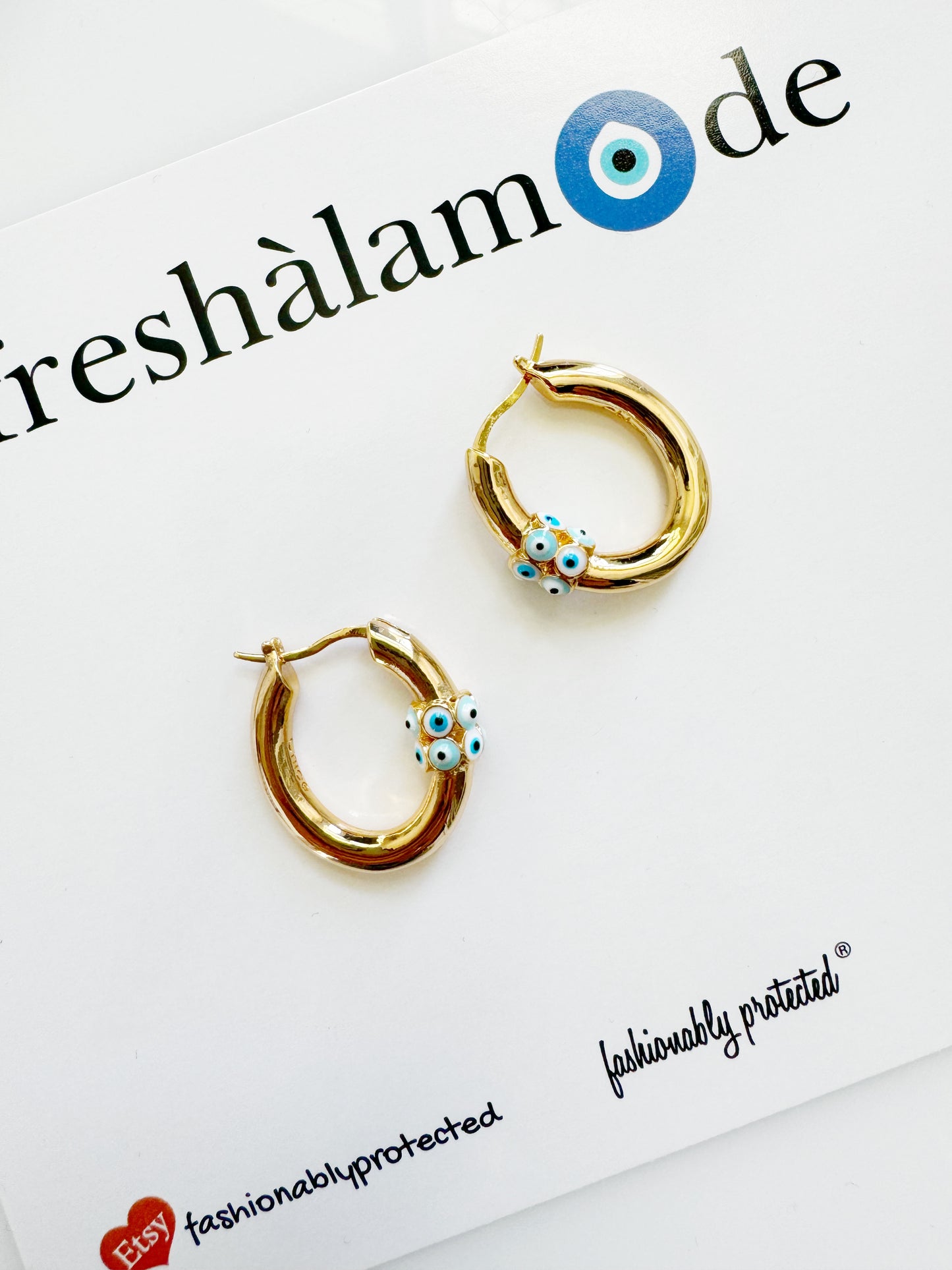 Evil Eye Handpainted Gold Rowed Hoops