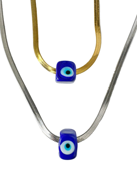 Evil Eye Blue Cube Herringbone Necklace