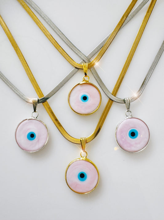 Pink Evil Eye Glass Amulet Necklace Herringbone Chain SILVER or GOLD