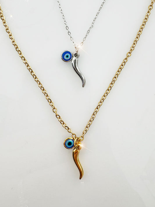 Evil Eye Chili Horn Maloccio Cornicello Charm Necklace