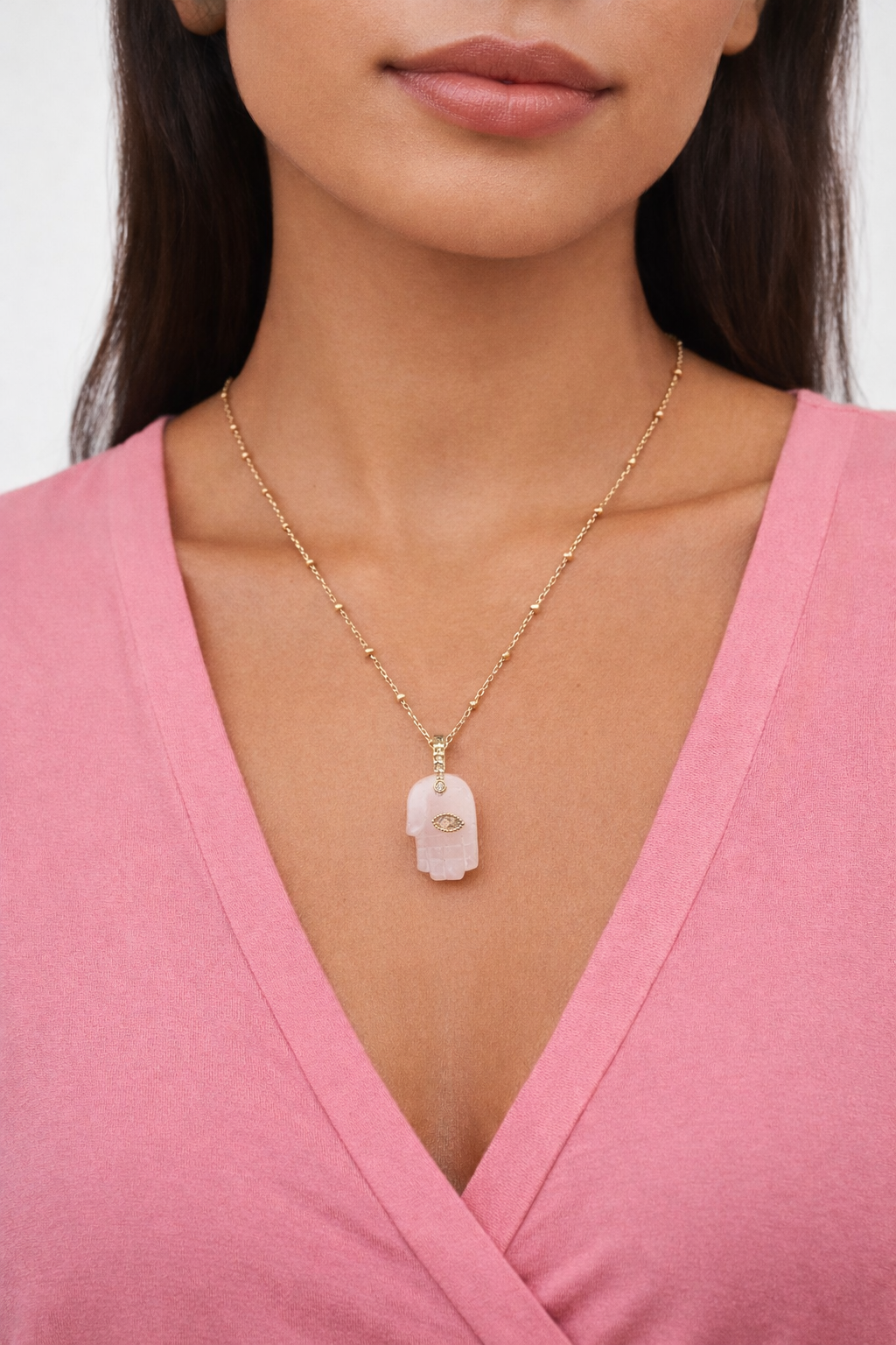 🩷 Rose Quartz Hamsa Necklace – Self Love & Protection