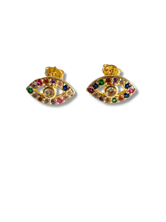 Rainbow Evil Eye Stud Earrings – Multicolor Crystal Charm
