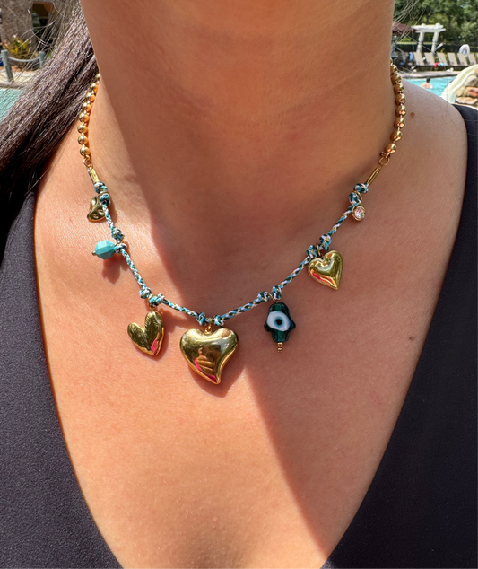 Golden Hearts & Glass Hamsa Necklace