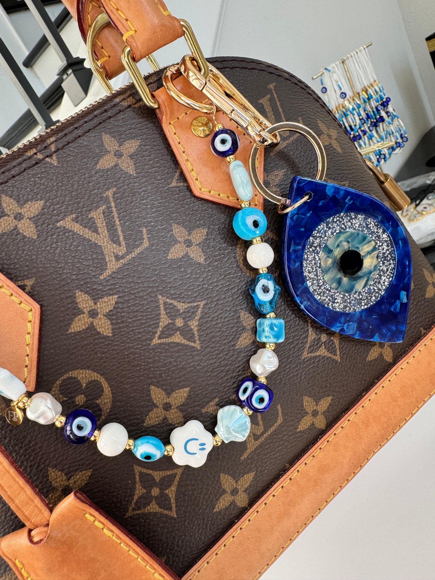 Evil Eye Happy Blue Beaded Purse Bag Charm