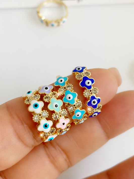 Evil Eye Crystal Clover Ring