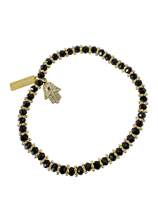 Black Crystal Beaded Hamsa Charm Bracelet
