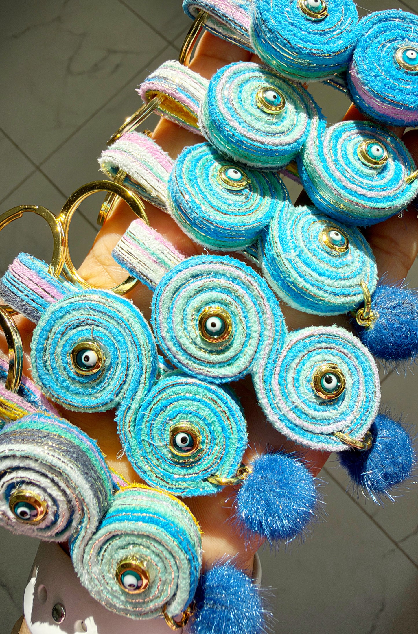 Handcrafted Evil Eye Keychain | Original Fiber Art Bag Charm with Blue Pom Pom