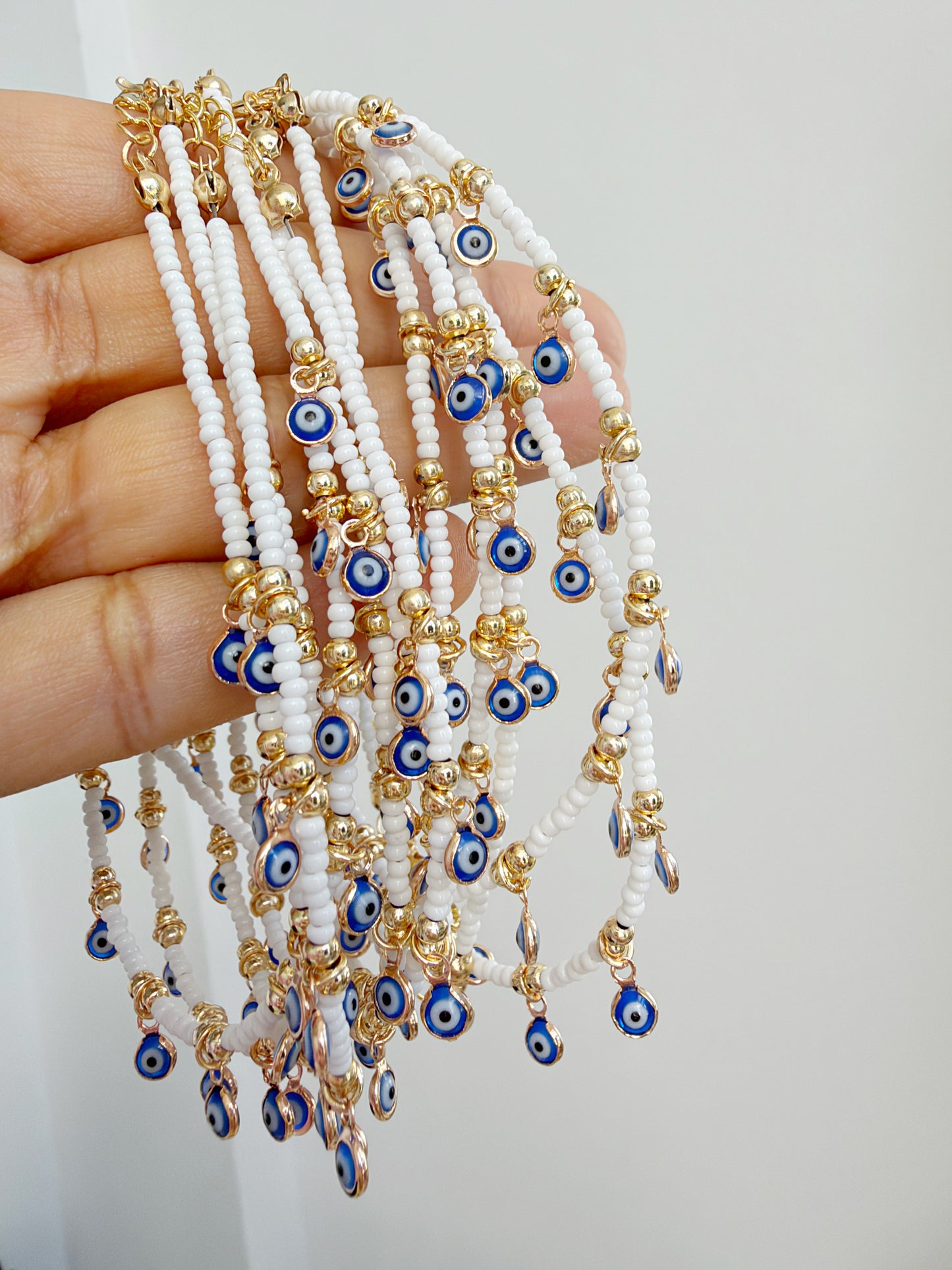 White Evil Eye Charm Anklet | Gold Beaded Minimalist Summer Anklet