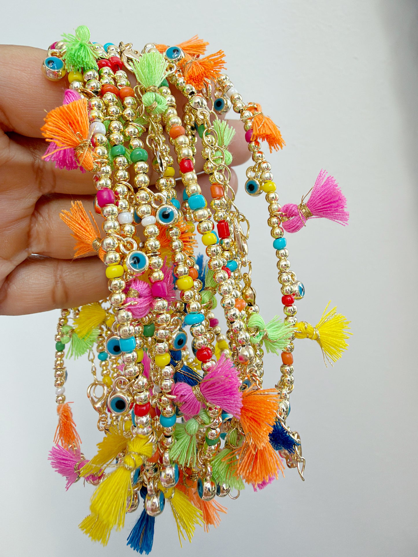 Colorful Tassel Evil Eye Anklet | Gold Beaded Boho Summer Beach Anklet