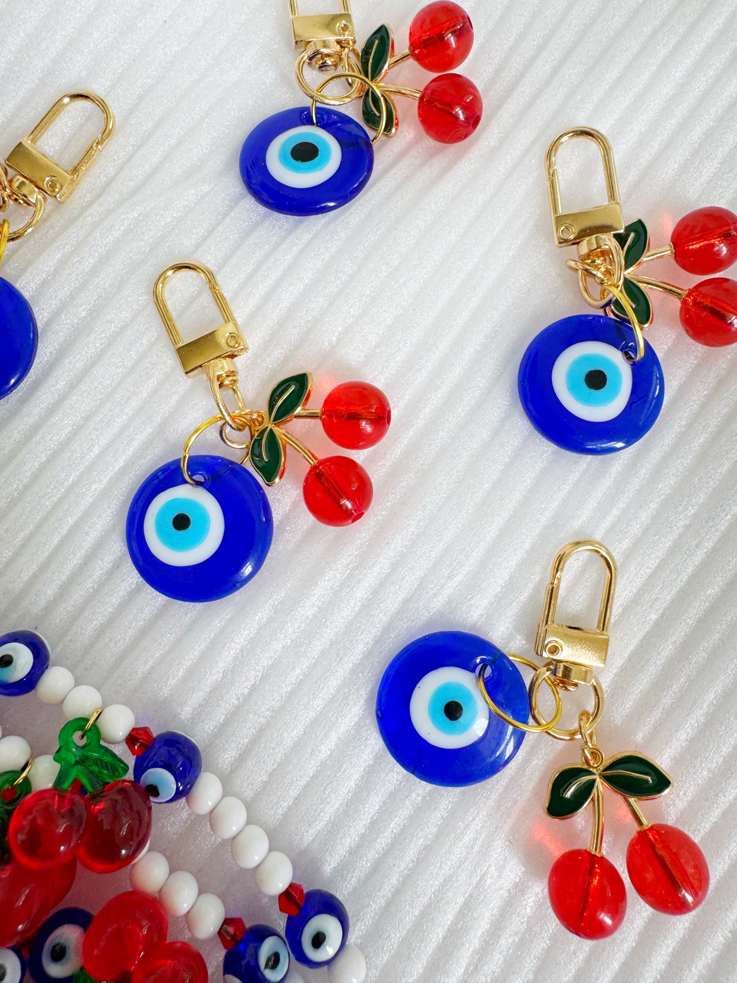 Mini Cherry & Evil Eye Clip Keychain Charm