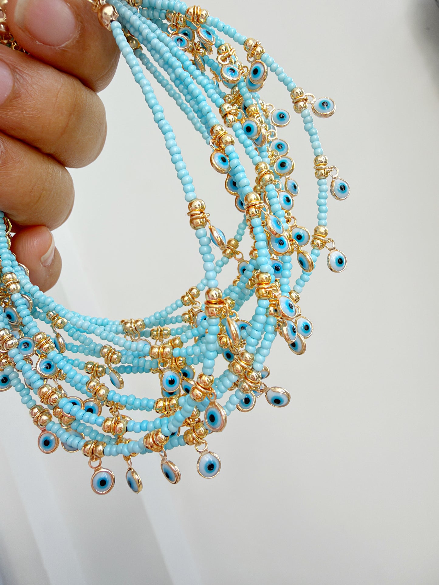 Baby Blue Evil Eye Charm Anklet | Gold Beaded Protection Anklet