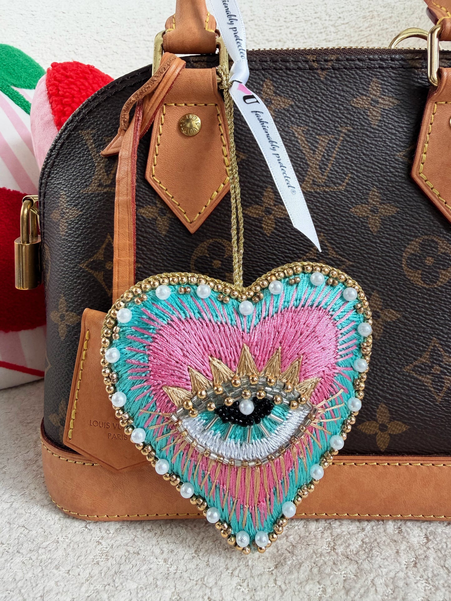 Hand Embroidered Evil Eye Heart Plush Decor includes GIFTBAG