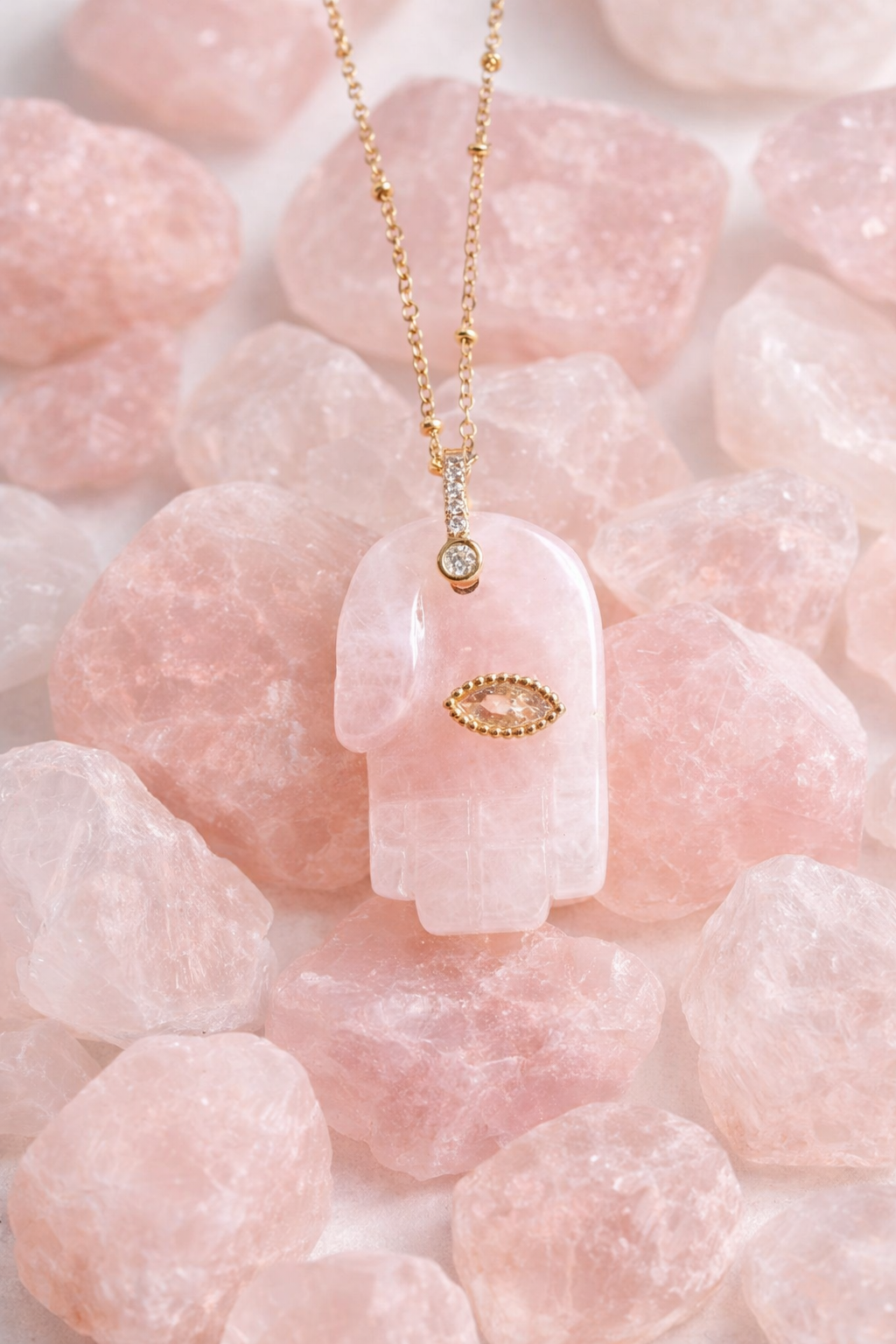 🩷 Rose Quartz Hamsa Necklace – Self Love & Protection