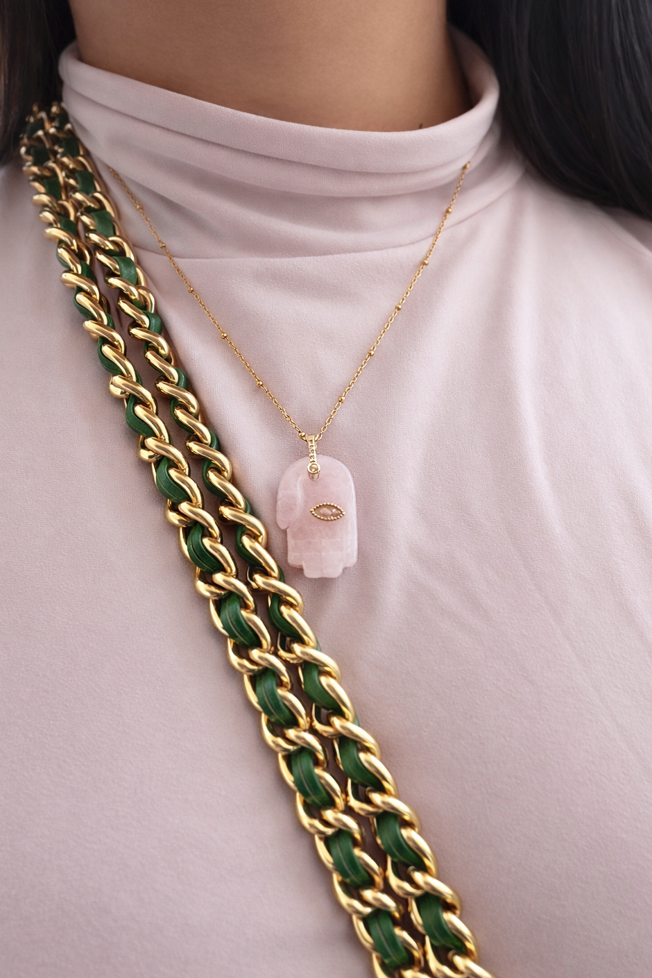 🩷 Rose Quartz Hamsa Necklace – Self Love & Protection