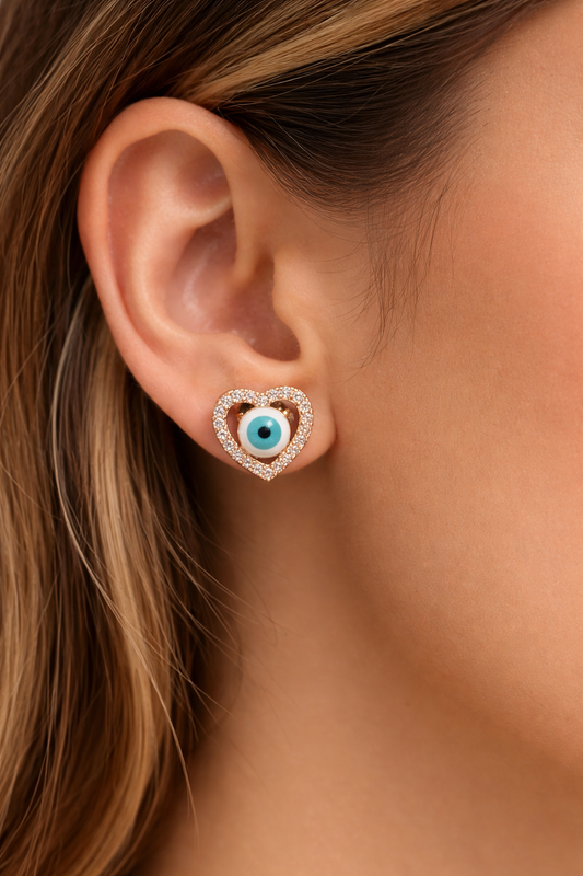 Evil Eye Crystal Heart Studs