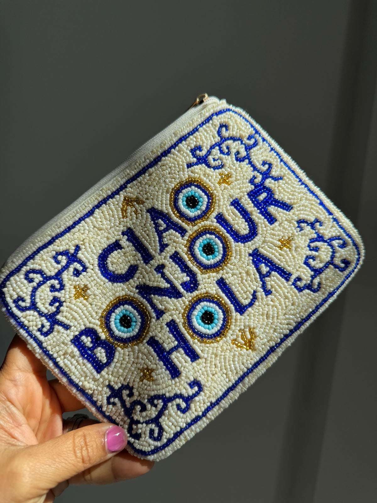 Ciao Bonjour Hola Double-Sided Hand-Beaded Mini Zipper Pouch