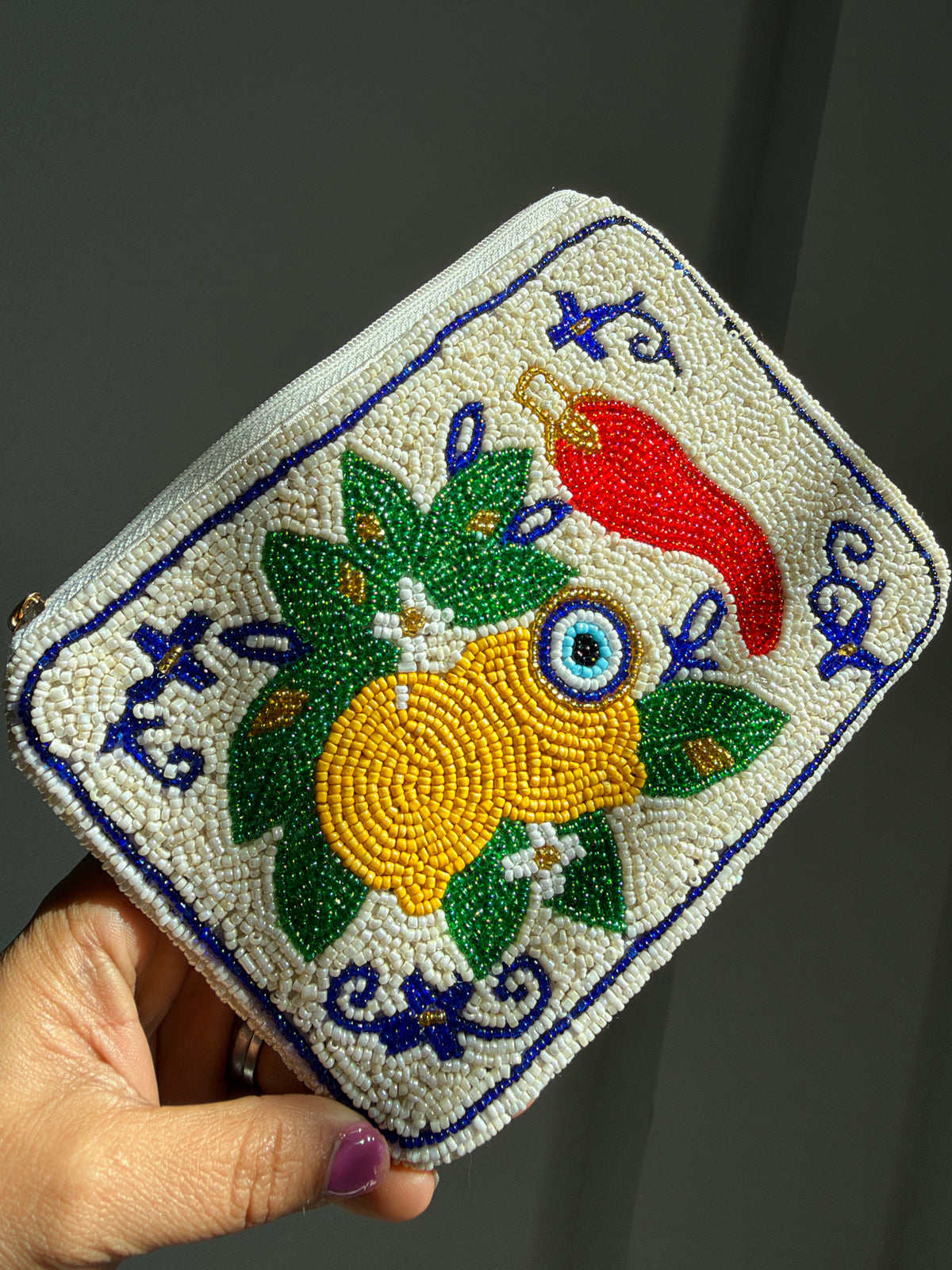 Ciao Bonjour Hola Double-Sided Hand-Beaded Mini Zipper Pouch