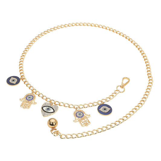 Pave Evil Eye and Hamsa Hearted Golden Charm Chain Belt