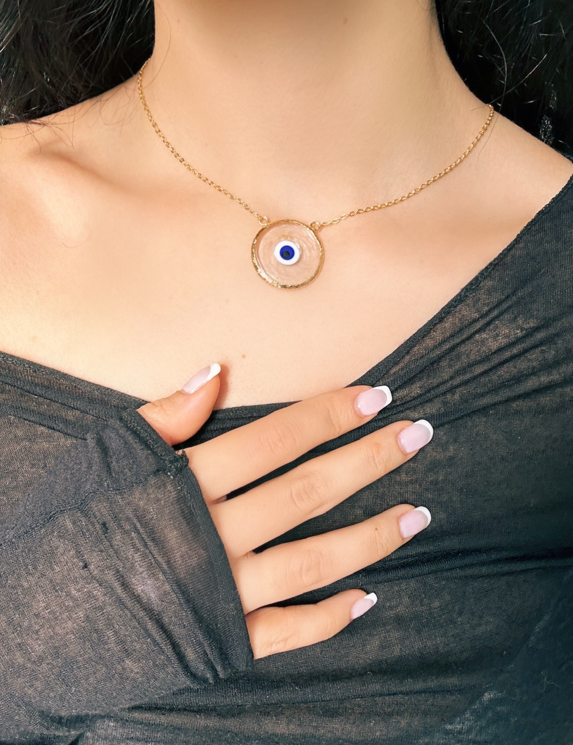 Golden Glass Brass Evil Eye Necklace with GIFT travel FP case