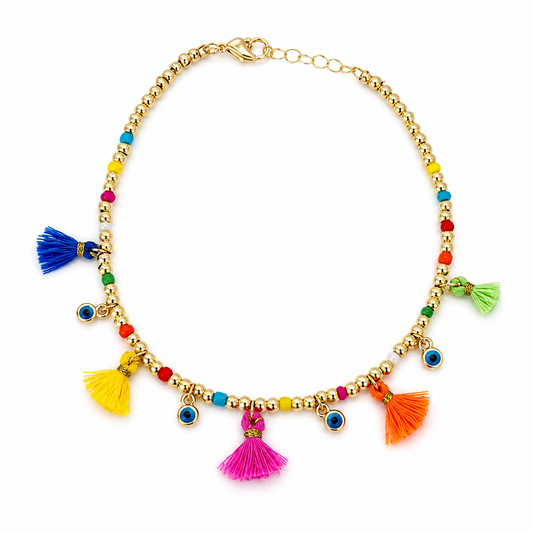 Colorful Tassel Evil Eye Anklet | Gold Beaded Boho Summer Beach Anklet