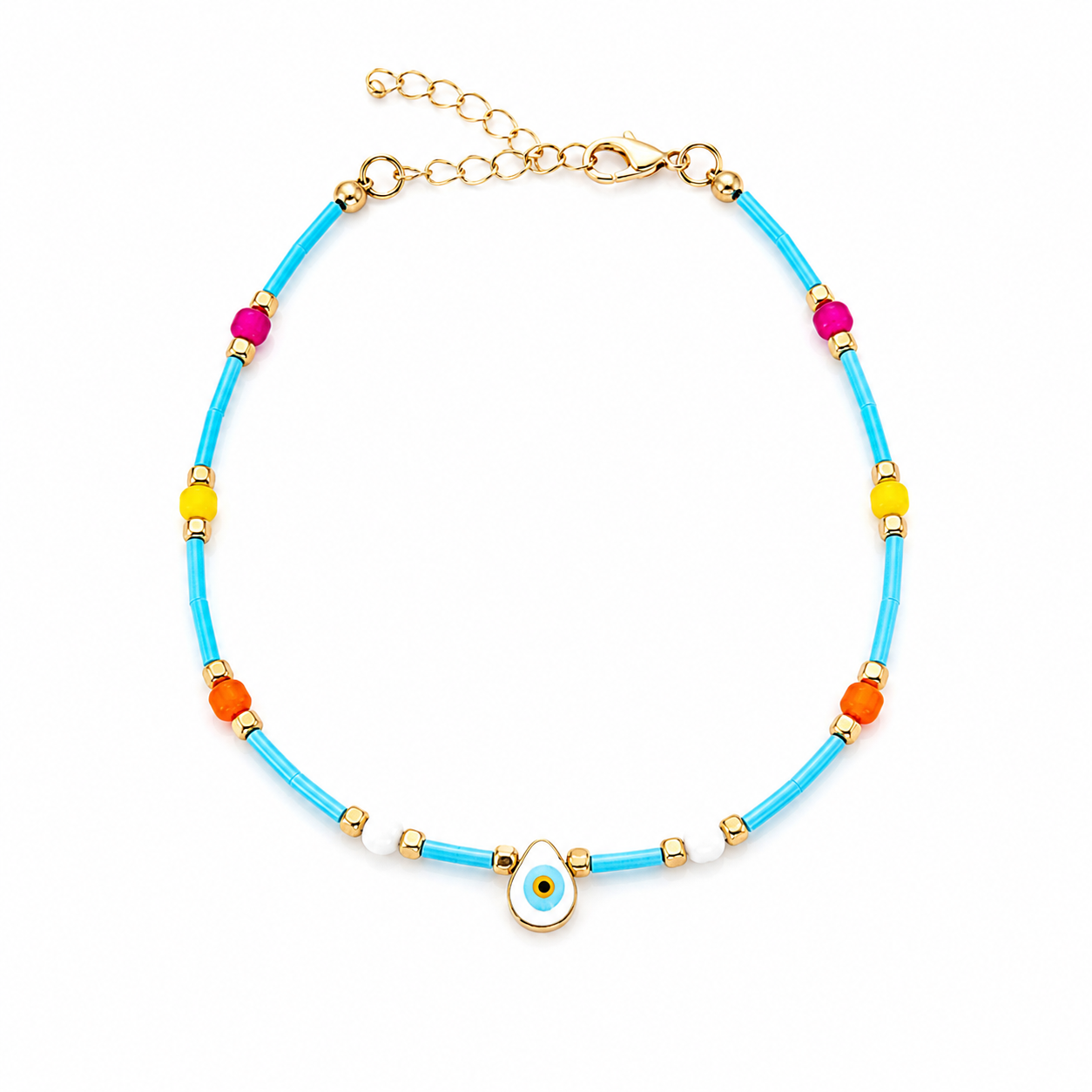 Turquoise Evil Eye Charm Anklet | Gold Beaded Summer Anklet