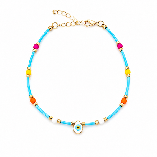 Turquoise Evil Eye Charm Anklet | Gold Beaded Summer Anklet