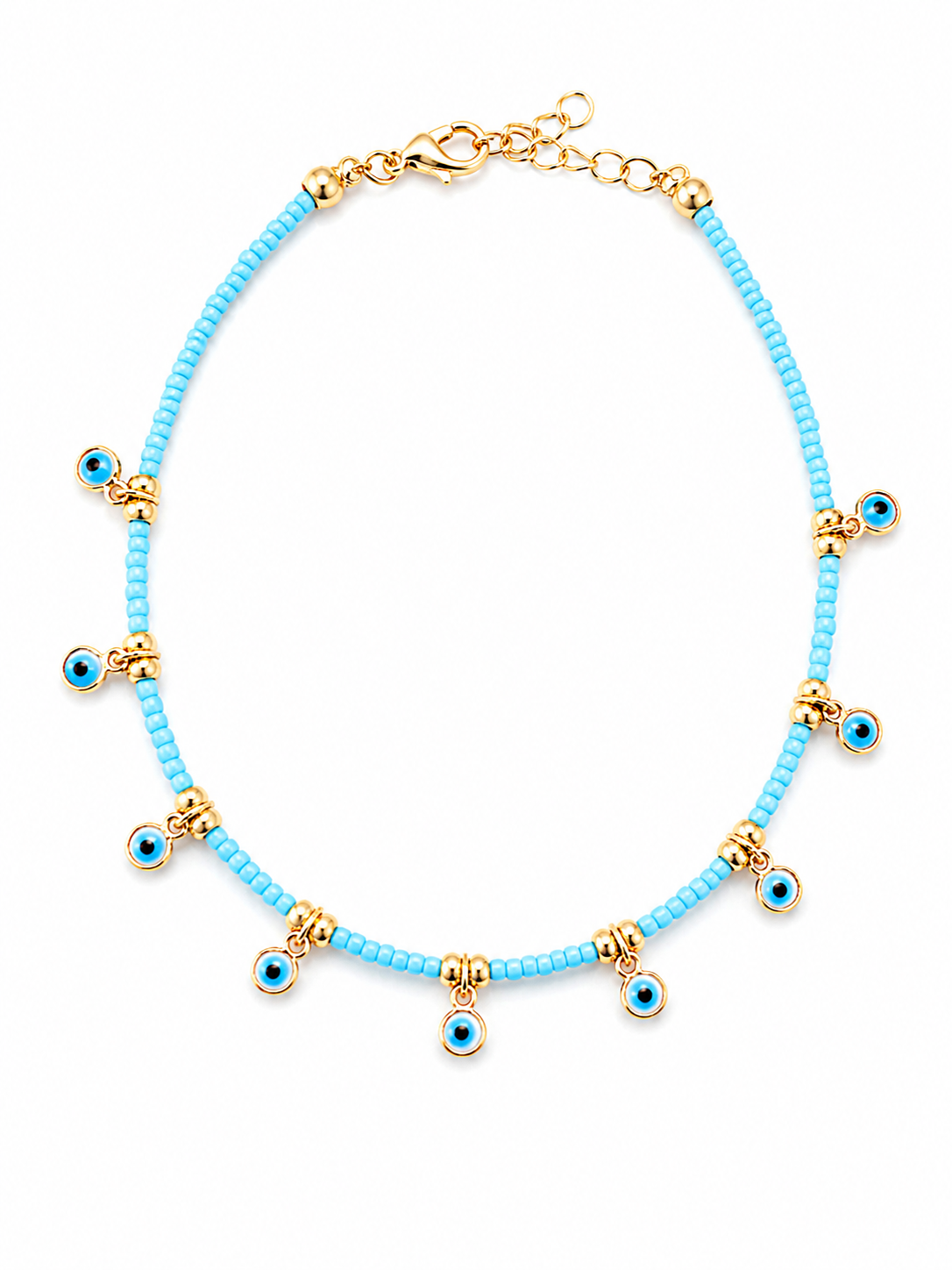 Baby Blue Evil Eye Charm Anklet | Gold Beaded Protection Anklet