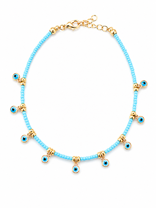 Baby Blue Evil Eye Charm Anklet | Gold Beaded Protection Anklet