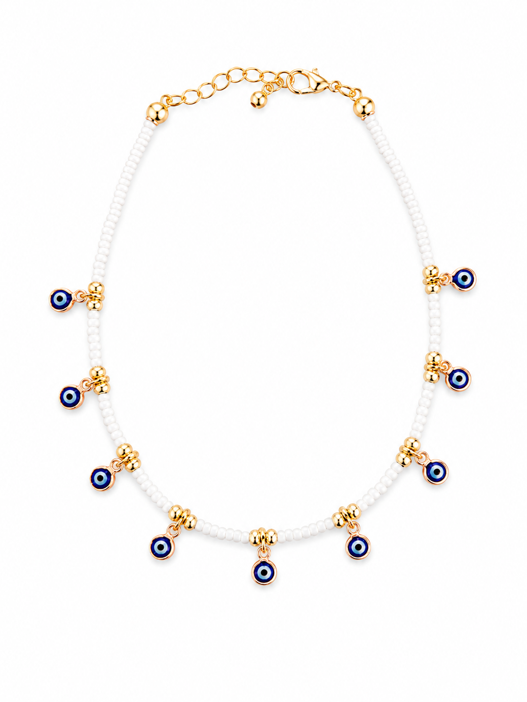 White Evil Eye Charm Anklet | Gold Beaded Minimalist Summer Anklet