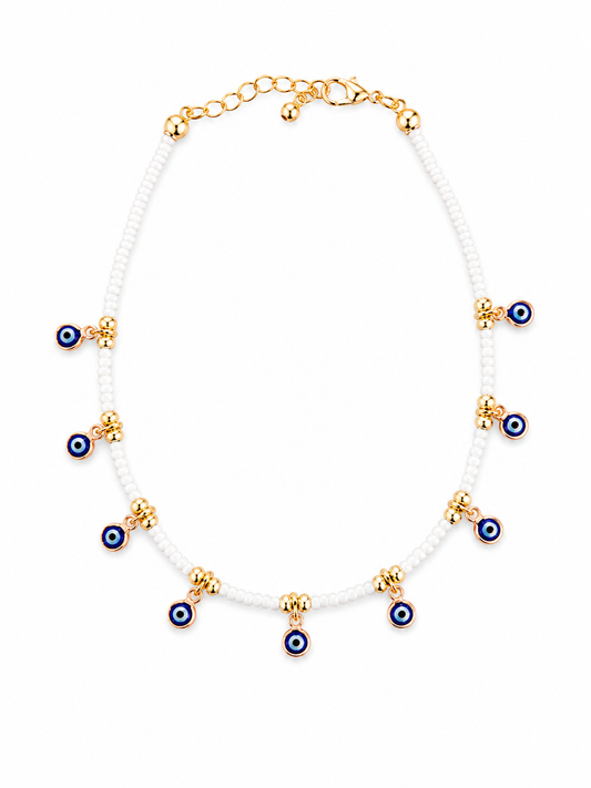 White Evil Eye Charm Anklet | Gold Beaded Minimalist Summer Anklet