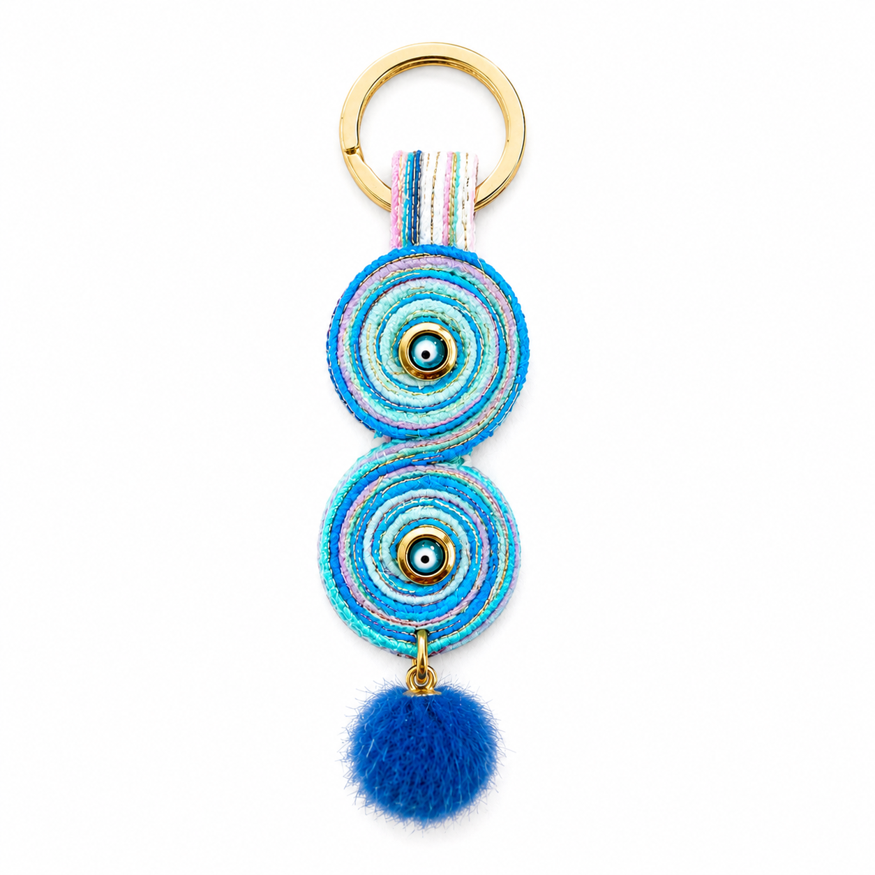 Handcrafted Evil Eye Keychain | Original Fiber Art Bag Charm with Blue Pom Pom