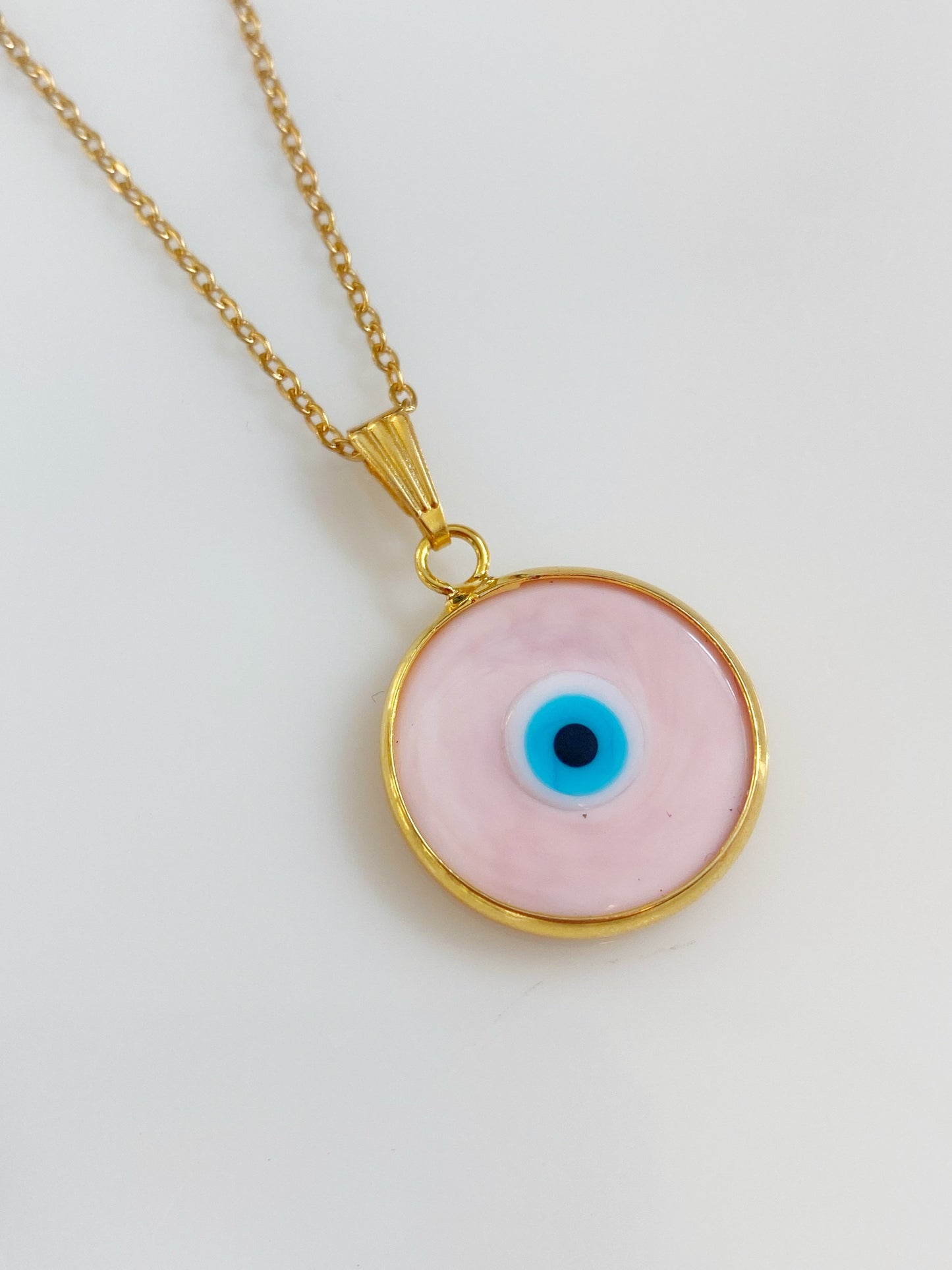 Pink Evil Eye Glass Amulet Necklace Herringbone Chain SILVER or GOLD