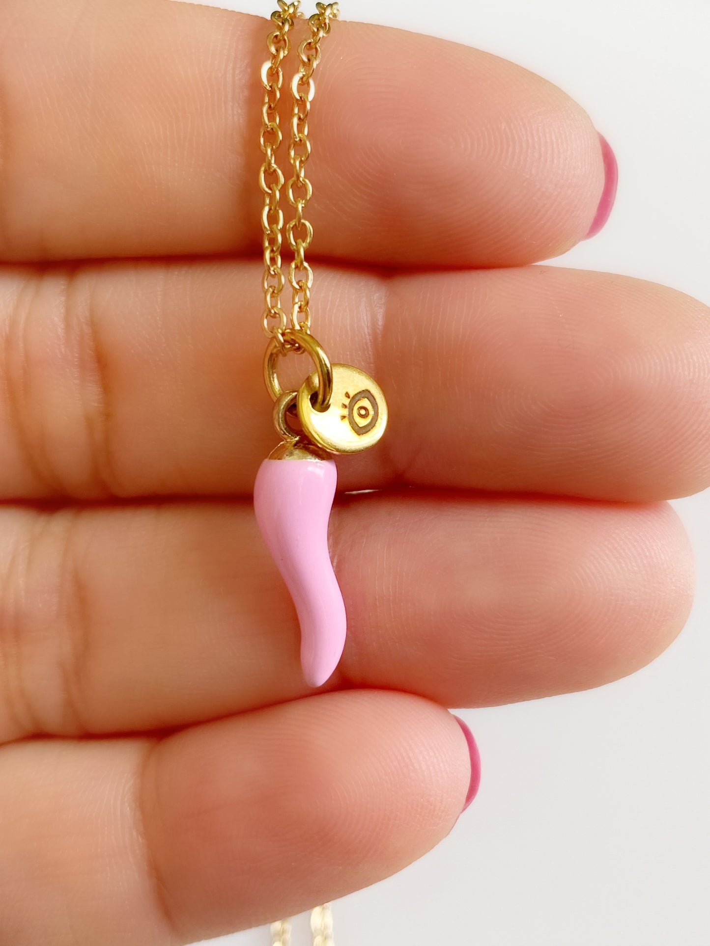 Pink Cornicello Charm Necklace with tag