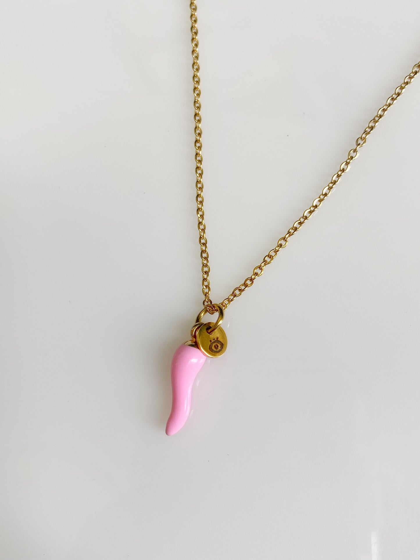 Pink Cornicello Charm Necklace with tag