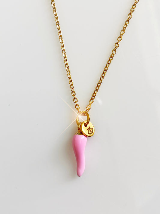 Pink Cornicello Charm Necklace with tag