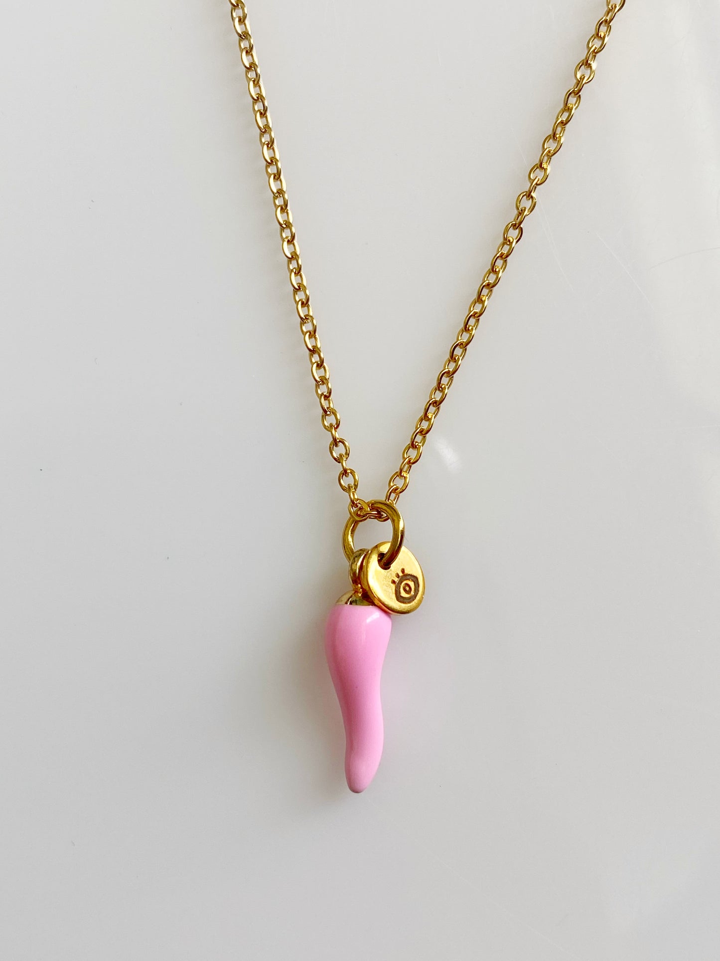 Pink Cornicello Charm Necklace with tag