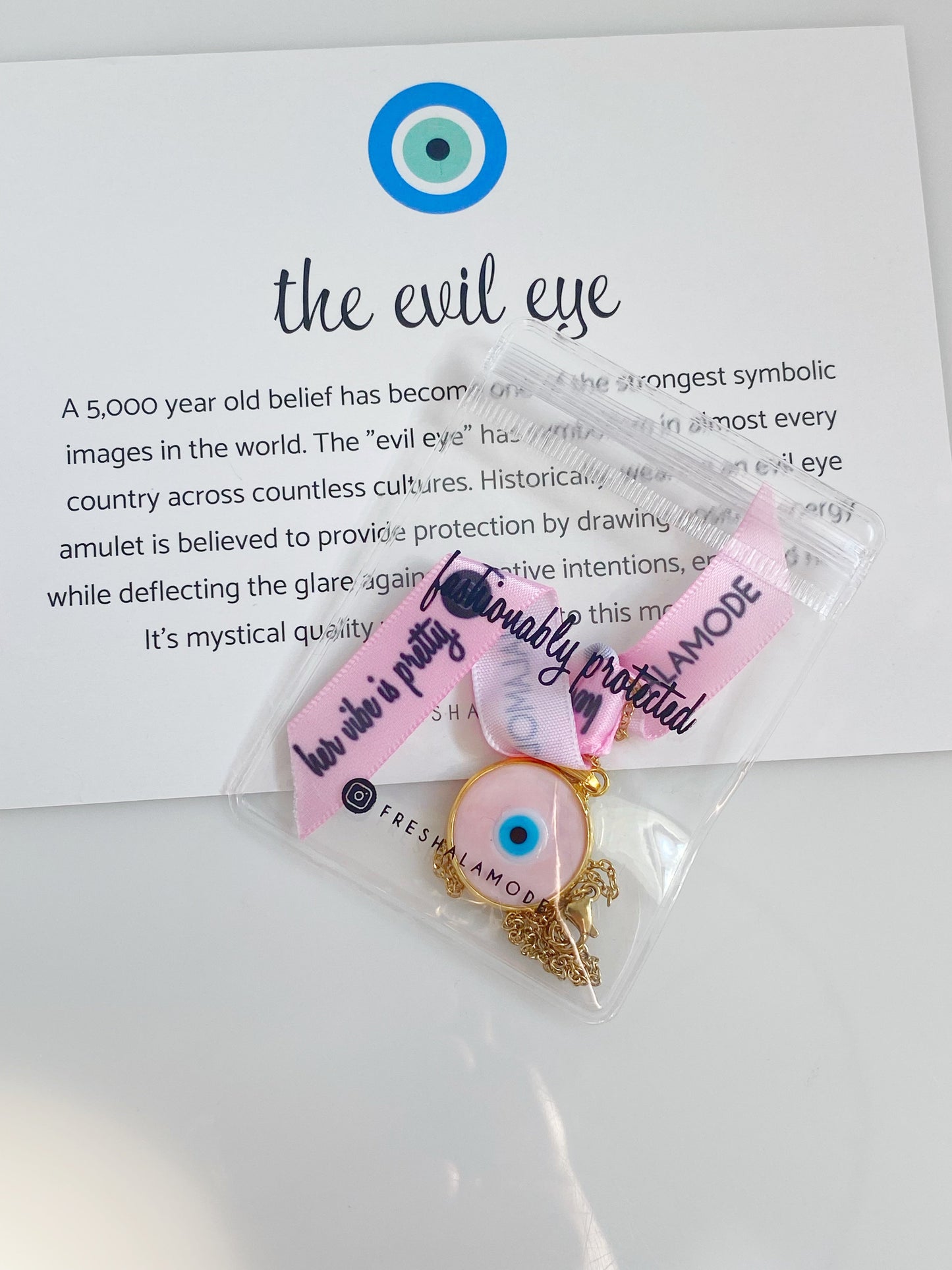 Pink Evil Eye Glass Amulet Necklace Herringbone Chain SILVER or GOLD