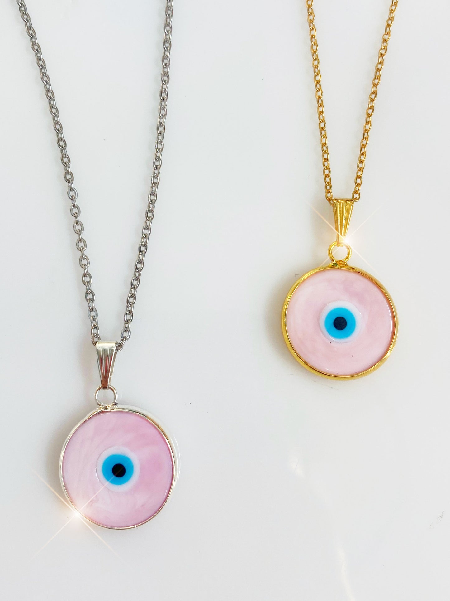 Pink Evil Eye Glass Amulet Necklace Herringbone Chain SILVER or GOLD