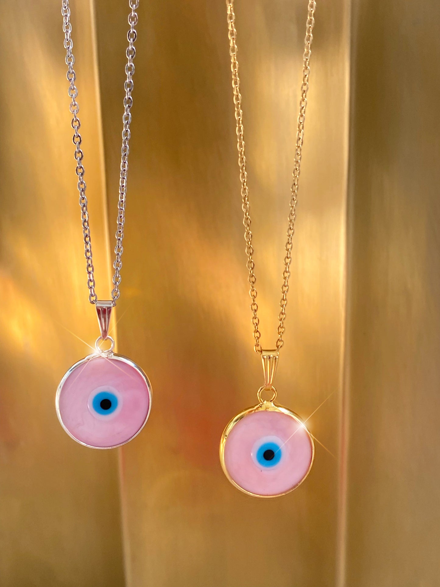 Pink Evil Eye Glass Amulet Necklace Herringbone Chain SILVER or GOLD