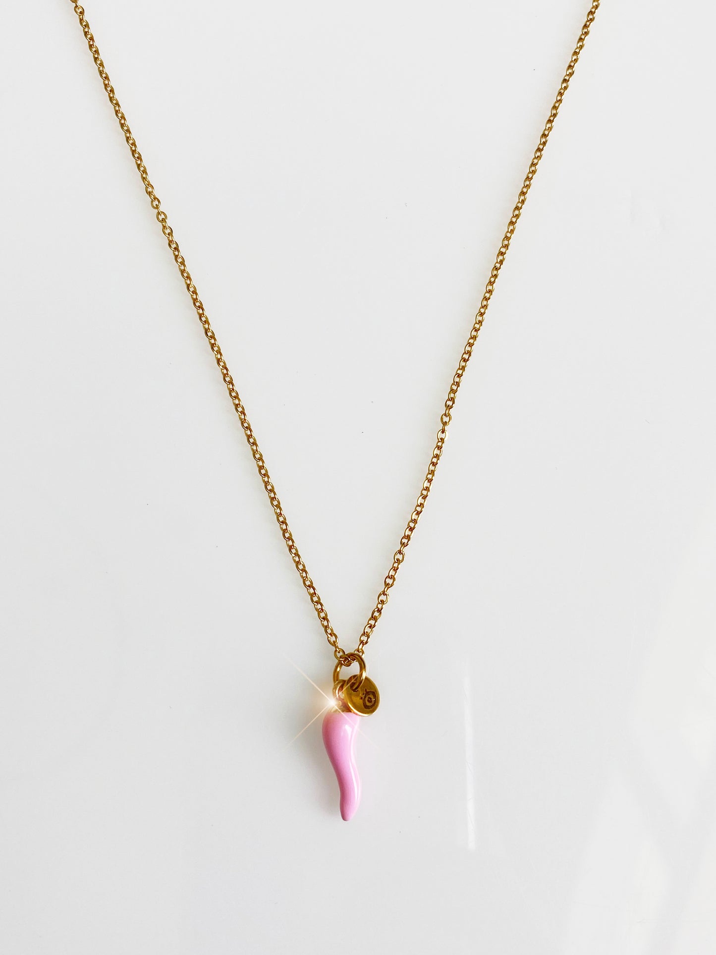 Pink Cornicello Charm Necklace with tag