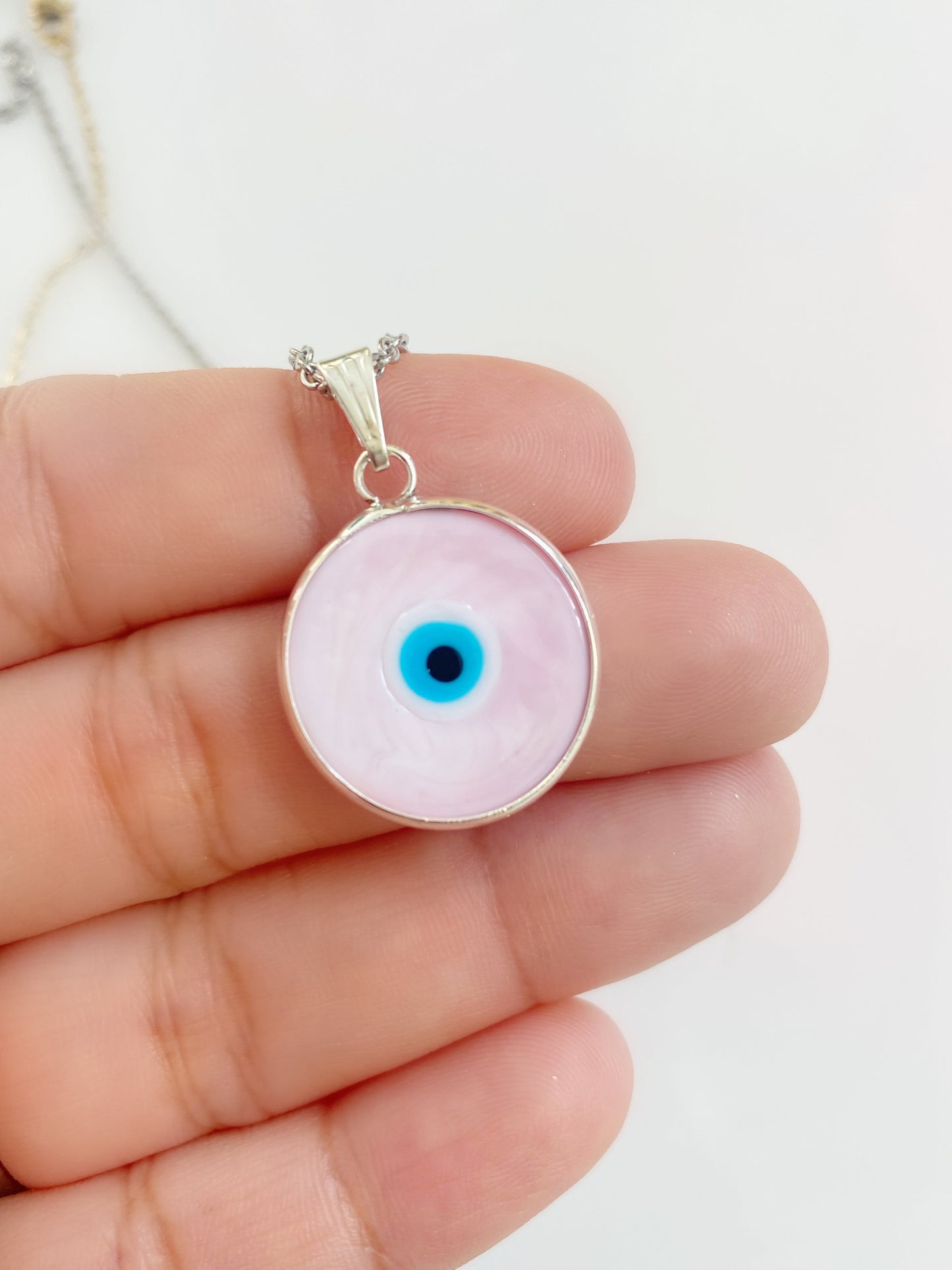 Pink Evil Eye Glass Amulet Necklace Herringbone Chain SILVER or GOLD