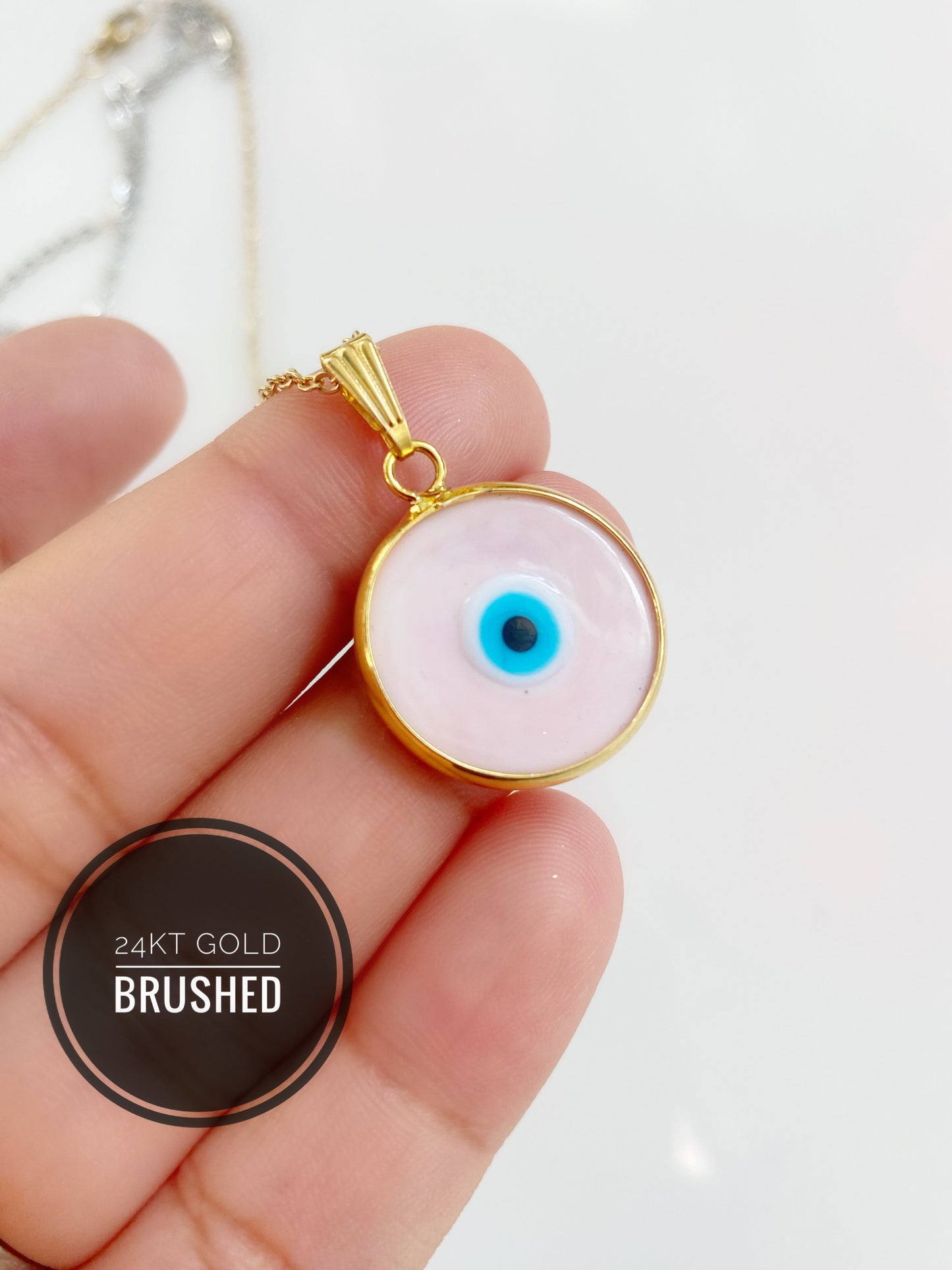 Pink Evil Eye Glass Amulet Necklace Herringbone Chain SILVER or GOLD