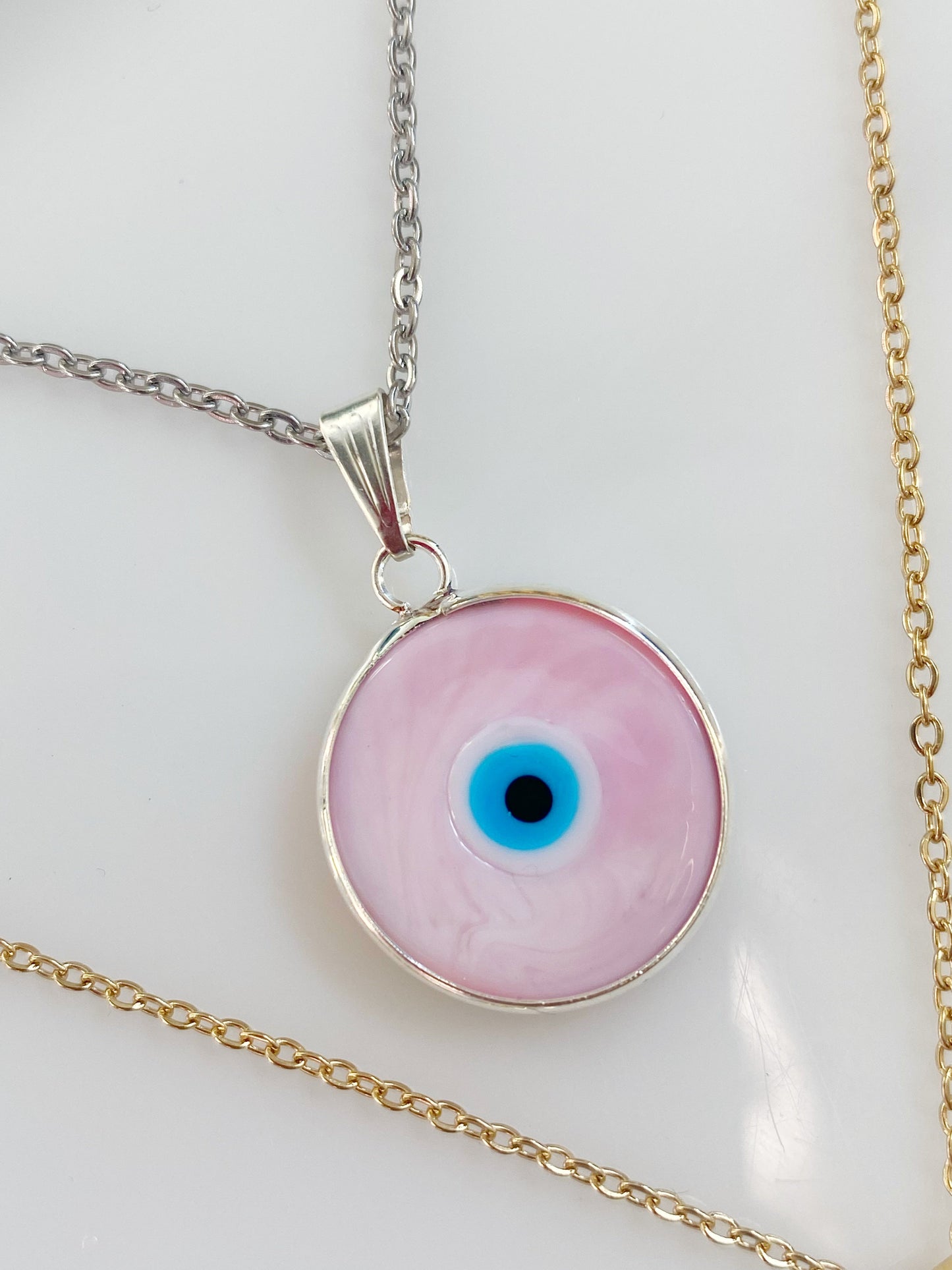 Pink Evil Eye Glass Amulet Necklace Herringbone Chain SILVER or GOLD