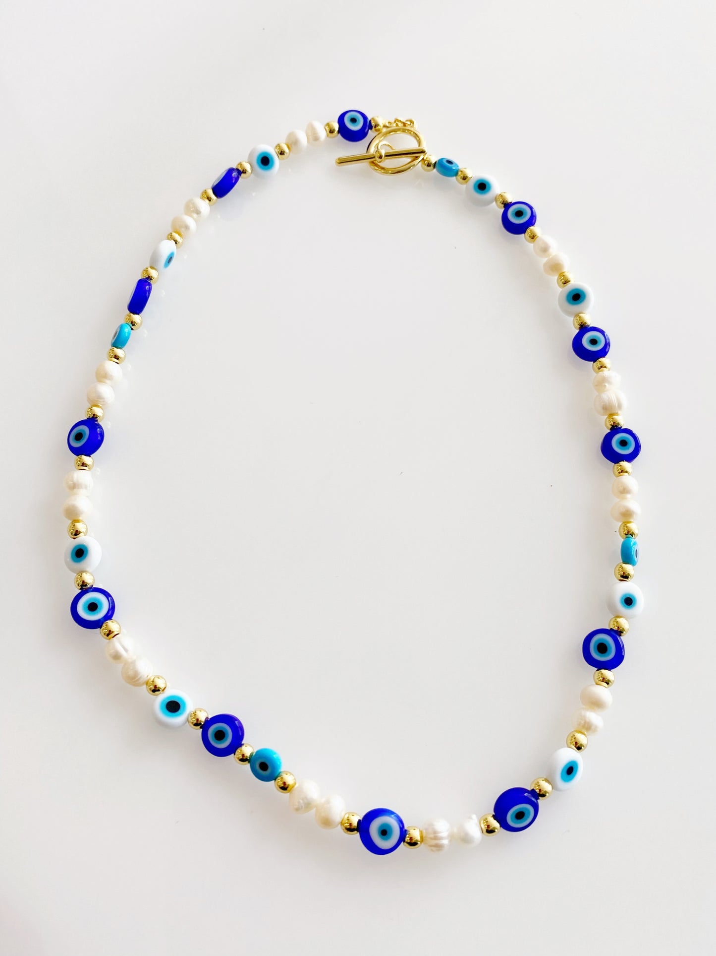 Evil Eye Beaded Fresh Water Pearls Toggle Necklace