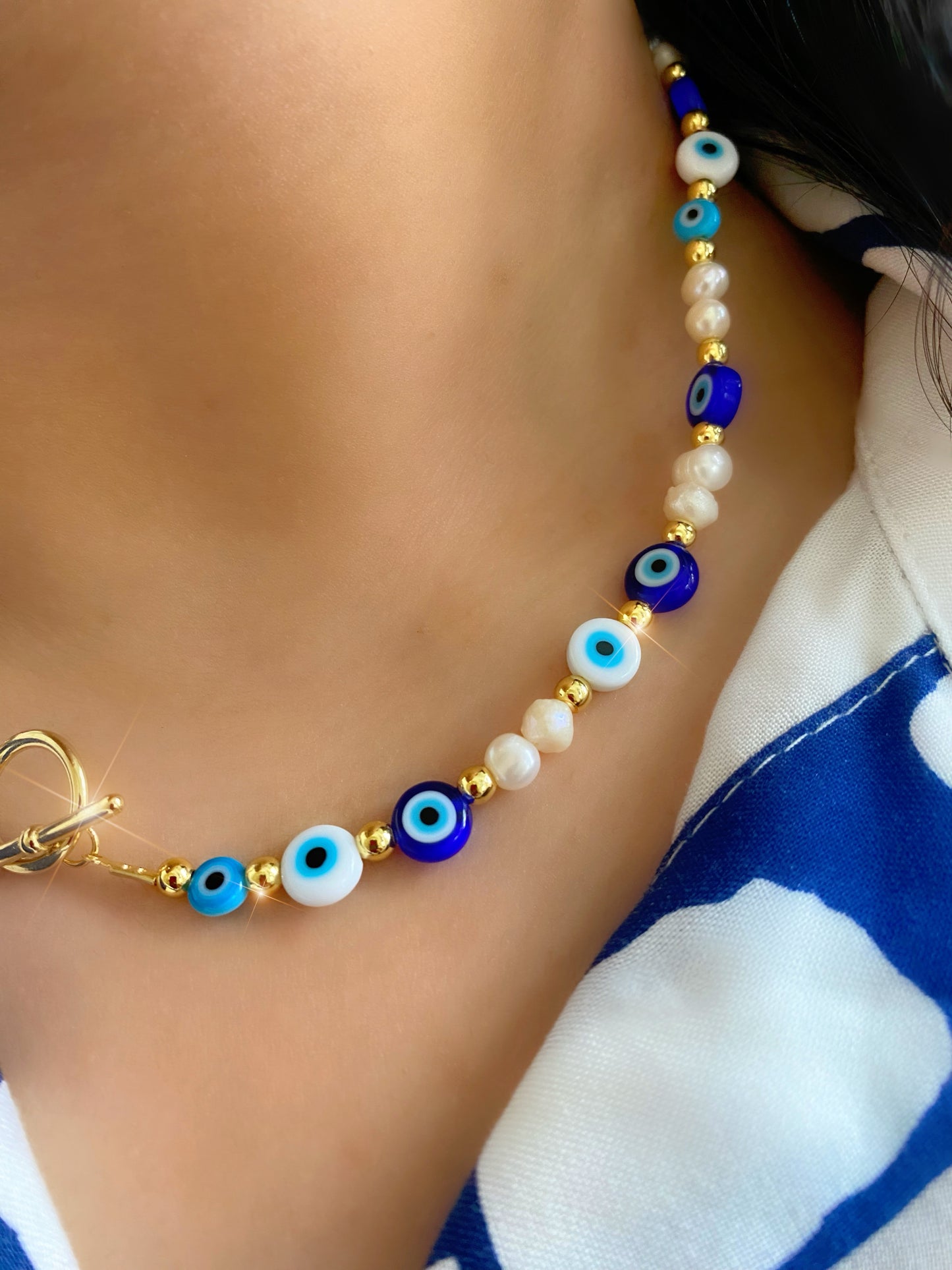 Evil Eye Beaded Fresh Water Pearls Toggle Necklace